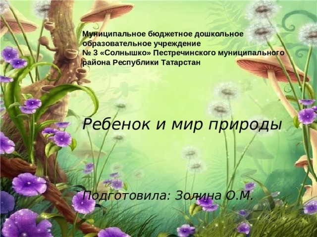 Муниципальное бюджетное дошкольное образовательное учреждение  № 3 «Солнышко» Пестречинского муниципального района Республики Татарстан  Ребенок и мир природы    Подготовила: Золина О.М. 