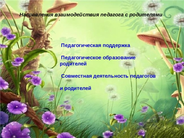  Направления взаимодействия педагога с родителями    Педагогическая поддержка   Педагогическое образование родителей   Совместная деятельность педагогов и родителей  