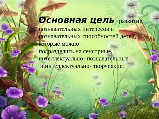 Основная цель – развитие познавательных интересов и познавательных способностей детей, которые можно подразделить на сенсорные, интеллектуально- познавательные  и интеллектуально- творческие. 
