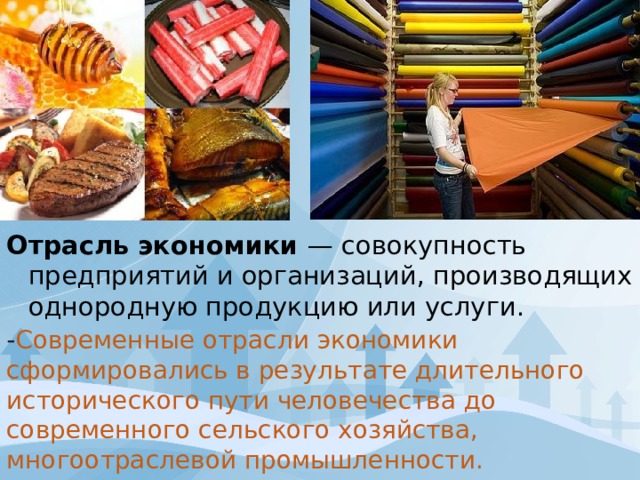 Отрасль экономики — совокупность предприятий и организаций, производящих однородную продукцию или услуги. - Современные отрасли экономики сформировались в результате длительного исторического пути человечества до современного сельского хозяйства, многоотраслевой промышленности. 