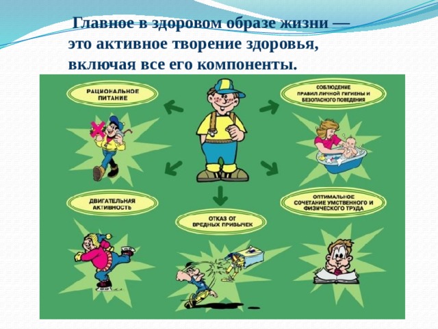  Главное в здоровом образе жизни — это активное творение здоровья, включая все его компоненты. 
