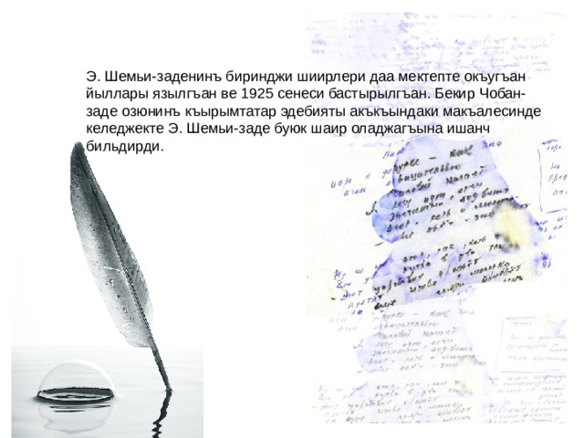 Э. Шемьи-заденинъ биринджи шиирлери даа мектепте окъугъан йыллары язылгъан ве 1925 сенеси бастырылгъан. Бекир Чобан-заде озюнинъ къырымтатар эдебияты акъкъындаки макъалесинде келеджекте Э. Шемьи-заде буюк шаир оладжагъына ишанч бильдирди.     