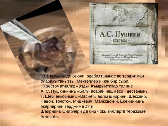  Э. Шемьи-заде озюни эдебиятшынас ве терджиман оларакъ танытты. Мектеплер ичюн бир сыра «Хрестоматиялар» язды. Къырымтатар тилине А. С. Пушкиннинъ «Багъчасарай чешмеси» дестаныны, Т. Шевченковнынъ «Васиет» адлы шиирини, Шекспир, Навои, Толстой, Мицкевич, Маяковский, Есениннинъ эсерлерини терджиме этти. Шаирнинъ шиирлери де бир чокъ тиллерге терджиме этильген.     