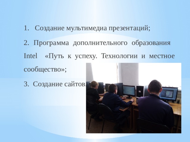 1. Создание мультимедиа презентаций; 2. Программа дополнительного образования Intel «Путь к успеху. Технологии и местное сообщество»; 3. Создание сайтов. 