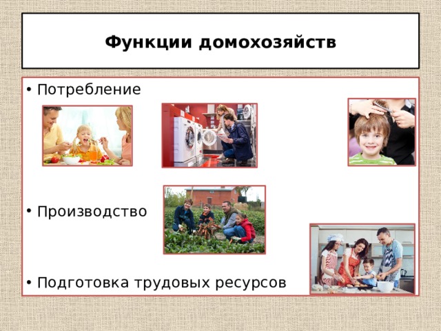Функции домохозяйств Потребление Производство Подготовка трудовых ресурсов 