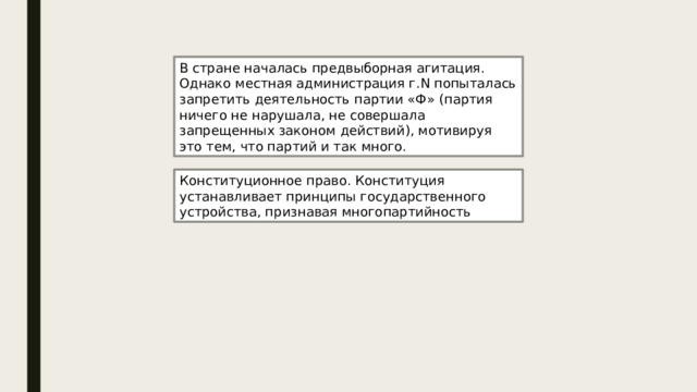В стране началась предвыборная агитация. Однако местная администрация г.N попыталась запретить деятельность партии «Ф» (партия ничего не нарушала, не совершала запрещенных законом действий), мотивируя это тем, что партий и так много. Конституционное право. Конституция устанавливает принципы государственного устройства, признавая многопартийность 