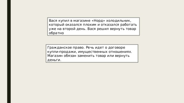 Вася купил в магазине «Норд» холодильник, который оказался плохим и отказался работать уже на второй день. Вася решил вернуть товар обратно Гражданское право. Речь идет о договоре купли-продажи, имущественных отношениях. Магазин обязан заменить товар или вернуть деньги. 