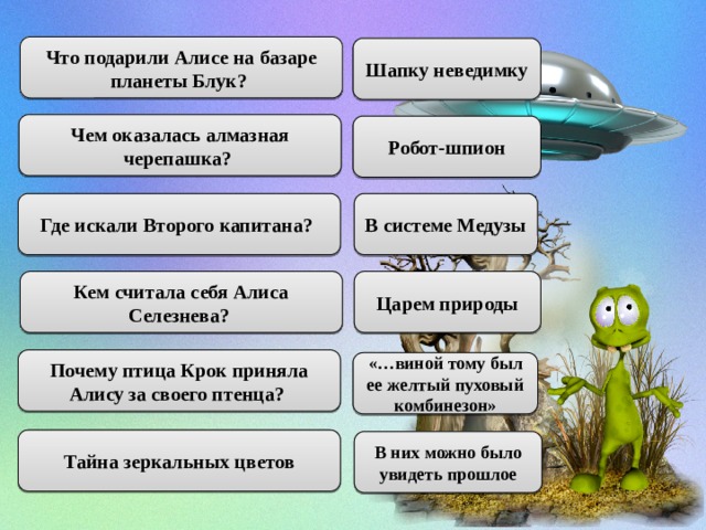 Что подарили Алисе на базаре планеты Блук?  Шапку неведимку Чем оказалась алмазная черепашка?  Робот-шпион Где искали Второго капитана?  В системе Медузы Кем считала себя Алиса Селезнева?  Царем природы Почему птица Крок приняла Алису за своего птенца?  «…виной тому был ее желтый пуховый комбинезон» Тайна зеркальных цветов В них можно было увидеть прошлое 