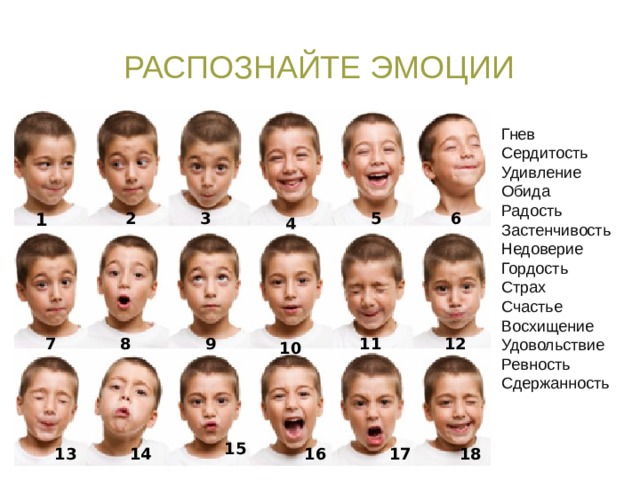 Распознайте эмоции Гнев Сердитость Удивление Обида Радость Застенчивость Недоверие Гордость Страх Счастье Восхищение Удовольствие Ревность Сдержанность 5 6 1 3 2 4 7 8 9 11 12 10 15 13 14 16 17 18 