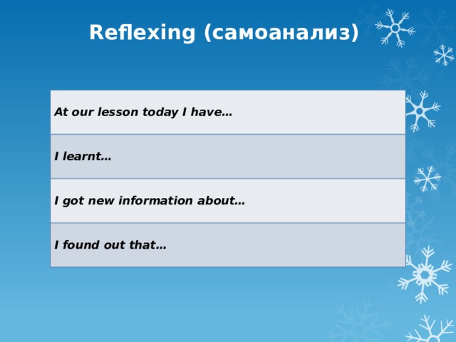 Reflexing (самоанализ)  At our lesson today I have…   I learnt…  I got new information about…  I found out that… 