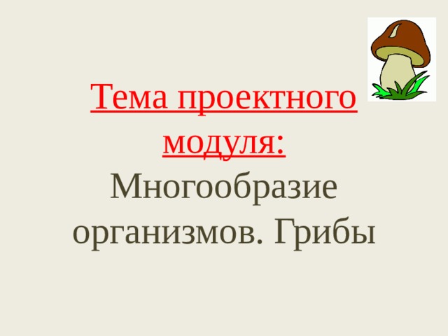 Тема проектного модуля:  Многообразие организмов. Грибы 