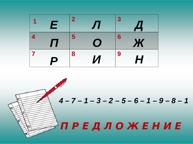 2  4  3 5 7 6 8 9 Д Е Л 1 П О Ж И Н Р 4 – 7 – 1 – 3 – 2 – 5 – 6 – 1 – 9 – 8 – 1 П Р Е Д Л О Ж Е Н И Е 