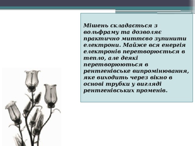 Мішень складається з вольфраму та дозволяє практично миттєво зупинити електрони. Майже вся енергія електронів перетворюється в тепло, але деякі перетворюються в рентгенівське випромінювання, яке виходить через вікно в основі трубки у вигляді рентгенівських променів. 