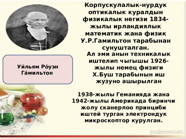 Корпускулалык-нурдук оптикалык куралдын физикалык негизи 1834-жылы ирландиялык математик жана физик У.Р.Гамильтон тарабынан сунушталган. Ал эми анын техникалык иштелип чыгышы 1926-жылы немец физиги Х.Буш тарабынын иш жузуно ашырылган Уи́льям Ро́уэн Га́мильтон   1938-жылы Геманияда жана 1942-жылы Америкада биринчи жолу сканерлоо принциби иштей турган электрондук микроскоптор курулган. 