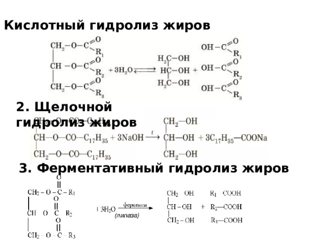 1. Кислотный гидролиз жиров 2. Щелочной гидролиз жиров 3. Ферментативный гидролиз жиров 