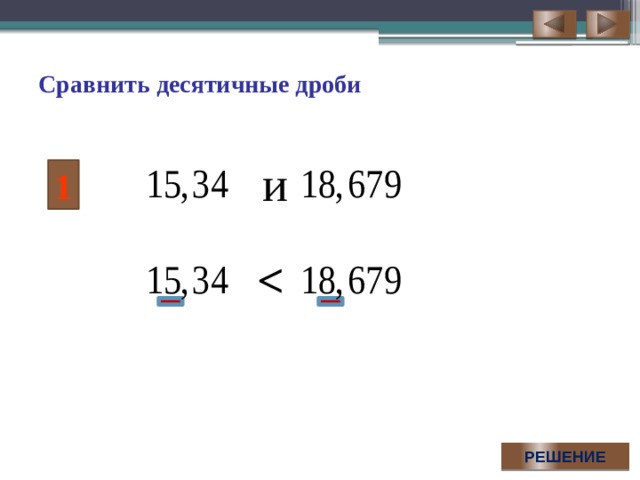 Сравнить десятичные дроби и 1  Для демонстрации решения необходимого последовательно выполнить серию щелчков по управляющей кнопке РЕШЕНИЕ. РЕШЕНИЕ  
