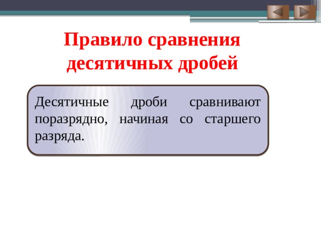 Правило сравнения десятичных дробей Десятичные дроби сравнивают поразрядно, начиная со старшего разряда. 
