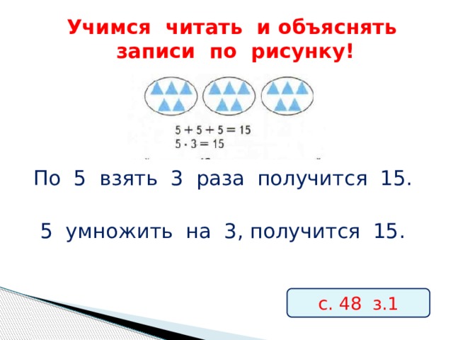 Учимся читать и объяснять записи по рисунку! По 5 взять 3 раза получится 15. 5 умножить на 3, получится 15. с. 48 з.1 