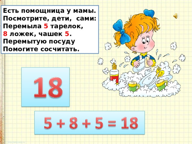 Есть помощница у мамы. Посмотрите, дети, сами: Перемыла 5 тарелок, 8 ложек, чашек 5 . Перемытую посуду Помогите сосчитать. 