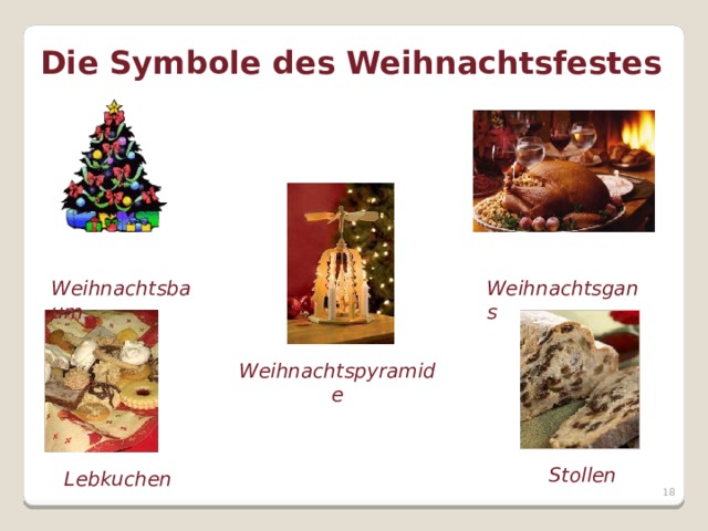 Die Symbole des Weihnachtsfestes  Weihnachtsbaum  Weihnachtsgans Weihnachtspyramide  Lebkuchen Stollen  