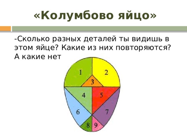 «Колумбово яйцо» -Сколько разных деталей ты видишь в этом яйце? Какие из них повторяются? А какие нет? 