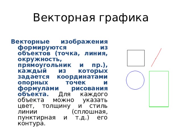 Векторная графика Векторные изображения формируются из объектов (точка, линия, окружность, прямоугольник и пр.), каждый из которых задается координатами опорных точек и формулами рисования объекта. Для каждого объекта можно указать цвет, толщину и стиль линии (сплошная, пунктирная и т.д.) его контура. 