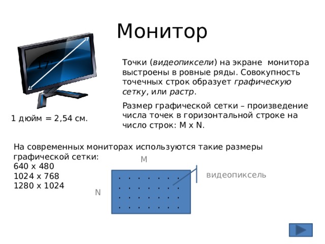 Монитор Точки ( видеопиксели ) на экране монитора выстроены в ровные ряды. Совокупность точечных строк образует графическую сетку , или растр . Размер графической сетки – произведение числа точек в горизонтальной строке на число строк: M х N. 17’ 1 дюйм = 2,54 см. На современных мониторах используются такие размеры графической сетки: 640 x 480 1024 x 768 1280 x 1024 M видеопиксель · · · · · · · · · · · · · · · · · · · · · · · · · · · · N 