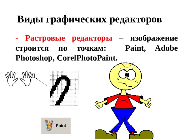 Виды графических редакторов  - Растровые редакторы – изображение строится по точкам: Paint, Adobe Photoshop, CorelPhotoPaint.  