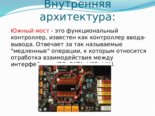Внутренняя архитектура: Южный мост - это функциональный контроллер, известен как контроллер ввода-вывода. Отвечает за так называемые 