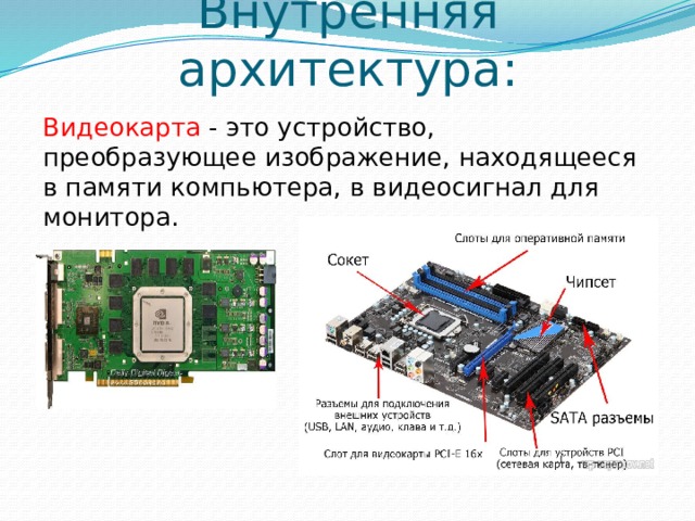 Внутренняя архитектура: Видеокарта - это устройство, преобразующее изображение, находящееся в памяти компьютера, в видеосигнал для монитора. 