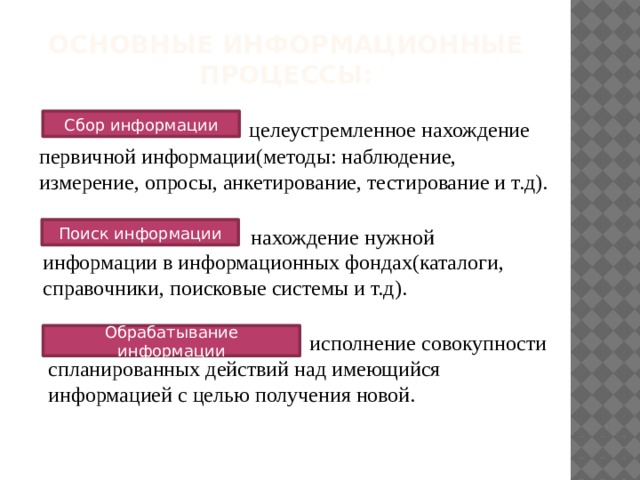 Основные информационные процессы:   целеустремленное нахождение первичной информации(методы: наблюдение, измерение, опросы, анкетирование, тестирование и т.д). Сбор информации Поиск информации  нахождение нужной информации в информационных фондах(каталоги, справочники, поисковые системы и т.д). Обрабатывание информации  исполнение совокупности спланированных действий над имеющийся информацией с целью получения новой. 