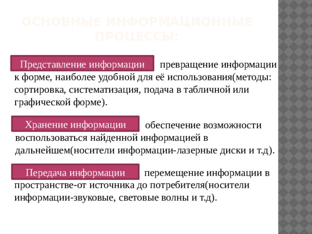 Основные информационные процессы: Представление информации  превращение информации к форме, наиболее удобной для её использования(методы: сортировка, систематизация, подача в табличной или графической форме). Хранение информации  обеспечение возможности воспользоваться найденной информацией в дальнейшем(носители информации-лазерные диски и т.д).  перемещение информации в пространстве-от источника до потребителя(носители информации-звуковые, световые волны и т.д). Передача информации 