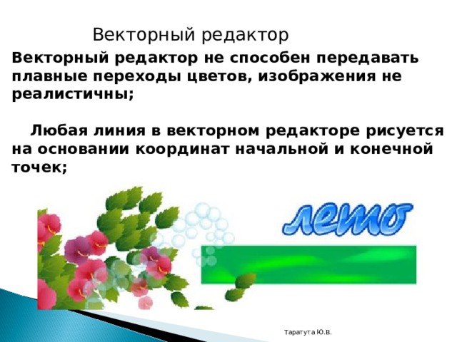 Векторный редактор Векторный редактор не способен передавать плавные переходы цветов, изображения не реалистичны;  Любая линия в векторном редакторе рисуется на основании координат начальной и конечной точек;  Таратута Ю.В. 