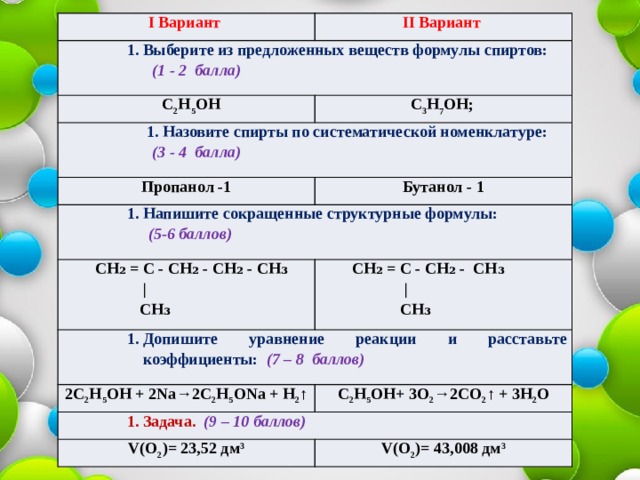I Вариант II Вариант Выберите из предложенных веществ формулы спиртов: Выберите из предложенных веществ формулы спиртов: Выберите из предложенных веществ формулы спиртов:  (1 - 2 балла)  С 2 Н 5 ОН  С 3 Н 7 ОН; Назовите спирты по систематической номенклатуре: Назовите спирты по систематической номенклатуре: Назовите спирты по систематической номенклатуре:  (3 - 4 балла) Пропанол -1 Бутанол - 1 Напишите сокращенные структурные формулы: Напишите сокращенные структурные формулы: Напишите сокращенные структурные формулы: (5-6 баллов) СH₂ = C - CH₂ - CH₂ - CH₃             |             CH₃ СH₂ = C - CH₂ - CH₃           |             CH₃ Допишите уравнение реакции и расставьте коэффициенты: (7 – 8 баллов) Допишите уравнение реакции и расставьте коэффициенты: (7 – 8 баллов) Допишите уравнение реакции и расставьте коэффициенты: (7 – 8 баллов) 2С 2 Н 5 ОН + 2Na→2С 2 Н 5 ОNa + Н 2 ↑ С 2 Н 5 ОН+ 3О 2 →2СО 2 ↑ + 3Н 2 О Задача.  (9 – 10 баллов) Задача.  (9 – 10 баллов) Задача.  (9 – 10 баллов) V(О 2 )= 23,52 дм 3 V(О 2 )= 43,008 дм 3 