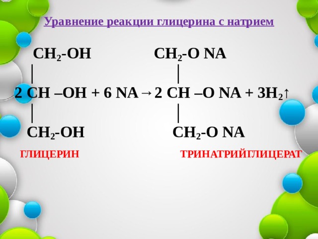 Уравнение реакции глицерина с натрием  CH 2 -OH  CH 2 -O Nа  │ │  2 CH –OH + 6 Na→2 CH –O Na + 3H 2 ↑  │ │  CH 2 -OH CH 2 -O Na   глицерин тринатрийглицерат   