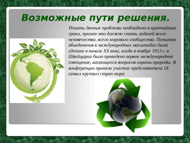 Возможные пути решения. Решить данные проблемы необходимо в кратчайшие сроки, причем это должно стать задачей всего человечества, всего мирового сообщества. Попытка объединения в международных масштабах была сделана в начале XX века, когда в ноябре 1913 г. в Швейцарии было проведено первое международное совещание, касающееся вопросов охраны природы. В конференции приняли участие представители 18 самых крупных стран мира. 