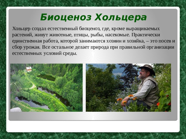 Биоценоз Хольцера Хольцер создал естественный биоценоз, где, кроме выращиваемых растений, живут животные, птицы, рыбы, насекомые. Практически единственная работа, которой занимаются хозяин и хозяйка, – это посев и сбор урожая. Все остальное делает природа при правильной организации естественных условий среды. 