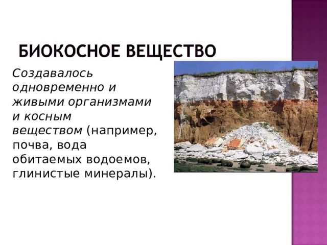   Создавалось одновременно и живыми организмами и косным веществом  (например, почва, вода обитаемых водоемов, глинистые минералы). 