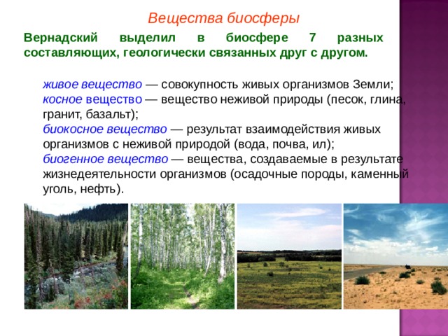 Вещества биосферы Вернадский выделил в биосфере 7 разных составляющих, геологически связанных друг с другом.    живое вещество — совокупность живых организмов Земли; косное вещество — вещество неживой природы (песок, глина, гранит, базальт); биокосное вещество — результат взаимодействия живых организмов с неживой природой (вода, почва, ил); биогенное вещество  — вещества, создаваемые в результате жизнедеятельности организмов (осадочные породы, каменный уголь, нефть). живое вещество — совокупность живых организмов Земли; косное вещество — вещество неживой природы (песок, глина, гранит, базальт); биокосное вещество — результат взаимодействия живых организмов с неживой природой (вода, почва, ил); биогенное вещество  — вещества, создаваемые в результате жизнедеятельности организмов (осадочные породы, каменный уголь, нефть). 3 