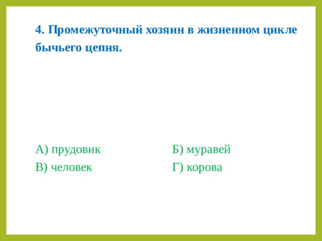 4.  Промежуточный хозяин в жизненном цикле бычьего цепня.    А) прудовик   Б) муравей В) человек    Г) корова 