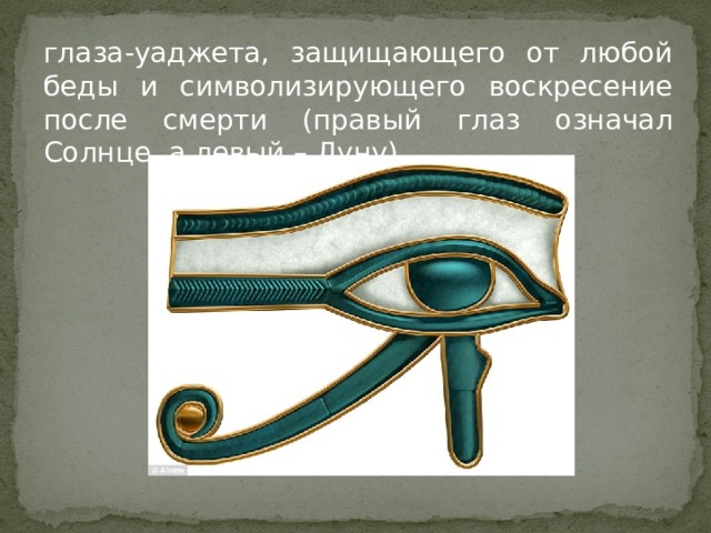 глаза-уаджета, защищающего от любой беды и символизирующего воскресение после смерти (правый глаз означал Солнце, а левый – Луну) 