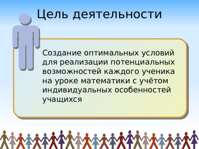 Цель деятельности Создание оптимальных условий для реализации потенциальных возможностей каждого ученика на уроке математики с учётом индивидуальных особенностей учащихся 