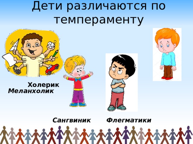 Дети различаются по темпераменту  Холерик  Меланхолик  Сангвиник Флегматики   