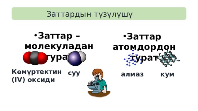 Заттардын түзүлүшү  Заттар – молекуладан турат  Заттар атомдордон турат Көмүртектин (IV) оксиди суу алмаз кум 
