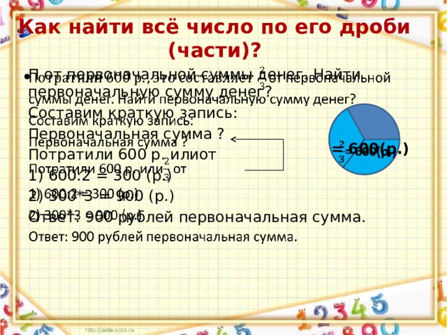 Как найти всё число по его дроби (части)? П от первоначальной суммы денег. Найти первоначальную сумму денег?   Составим краткую запись: Первоначальная сумма ? Потратили 600 р. илиот 1) 600:2 = 300 (р.) 2) 300*3 = 900 (р.) Ответ: 900 рублей первоначальная сумма. = 600(р.)   