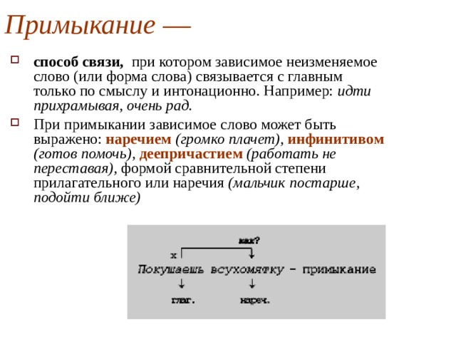Примыкание —  способ связи, при котором зависимое неизменяемое слово (или форма слова) связывается с главным только по смыслу и интонационно. Например: идти прихрамывая, очень рад. При примыкании зависимое слово может быть выражено: наречием  (громко плачет), инфинитивом (готов помочь), деепричастием  (работать не переставая), формой сравнительной степени прилагательного или наречия (мальчик постарше, подойти ближе) 
