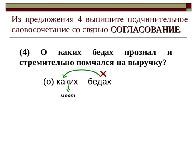 Из предложения 4 выпишите подчинительное словосочетание со связью СОГЛАСОВАНИЕ . (4) О каких бедах прознал и стремительно помчался на выручку?  ( о ) каких бедах мест. 