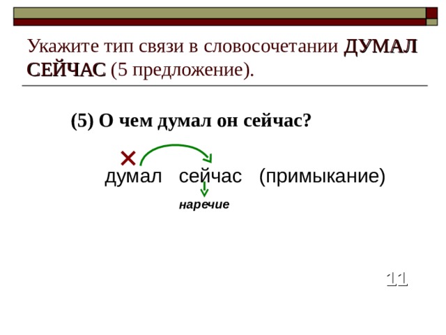 Укажите тип связи в словосочетании ДУМАЛ СЕЙЧАС (5 предложение). (5) О чем думал он сейчас? думал сейчас  (примыкание) наречие 11 