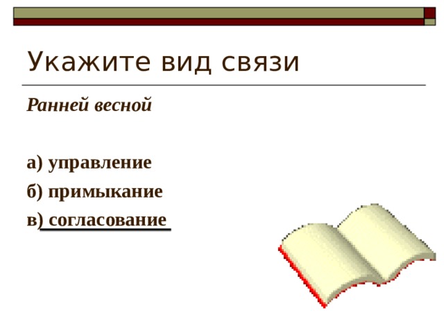 Укажите вид связи Ранней весной  а) управление б) примыкание в) согласование 