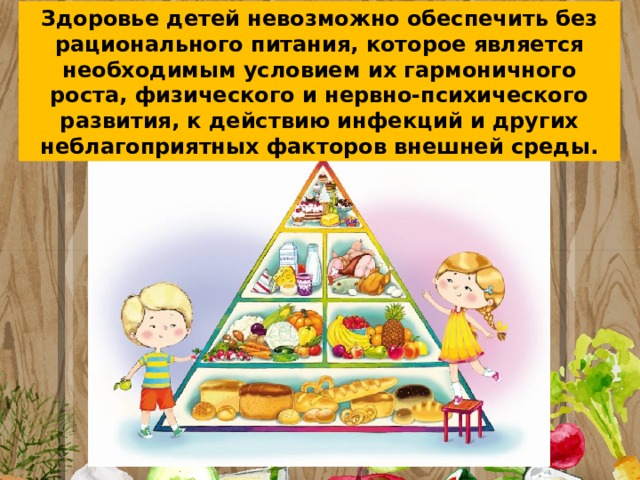 Здоровье детей невозможно обеспечить без рационального питания, которое является необходимым условием их гармоничного роста, физического и нервно-психического развития, к действию инфекций и других неблагоприятных факторов внешней среды. 